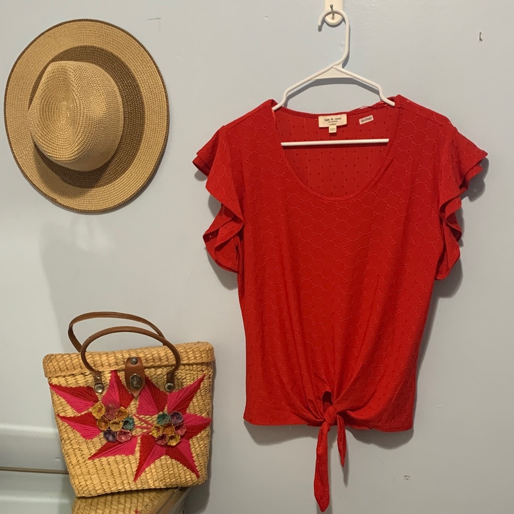 Kim + Cami red eyelet front tie, blows size medium
